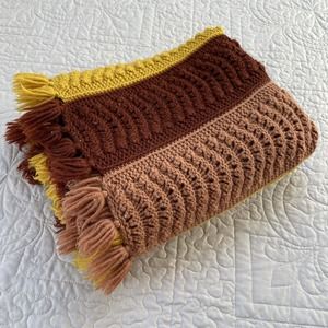 Vintage Hand Knit Striped Granny Afghan Brown Gold Fringe 45x60 Retro Decor
